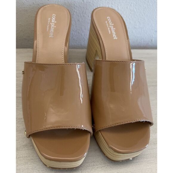 Cool Planet/Steve Madden Sz 8.5M Beige Patent Leather Restore Platform Sandals - Picture 3 of 11